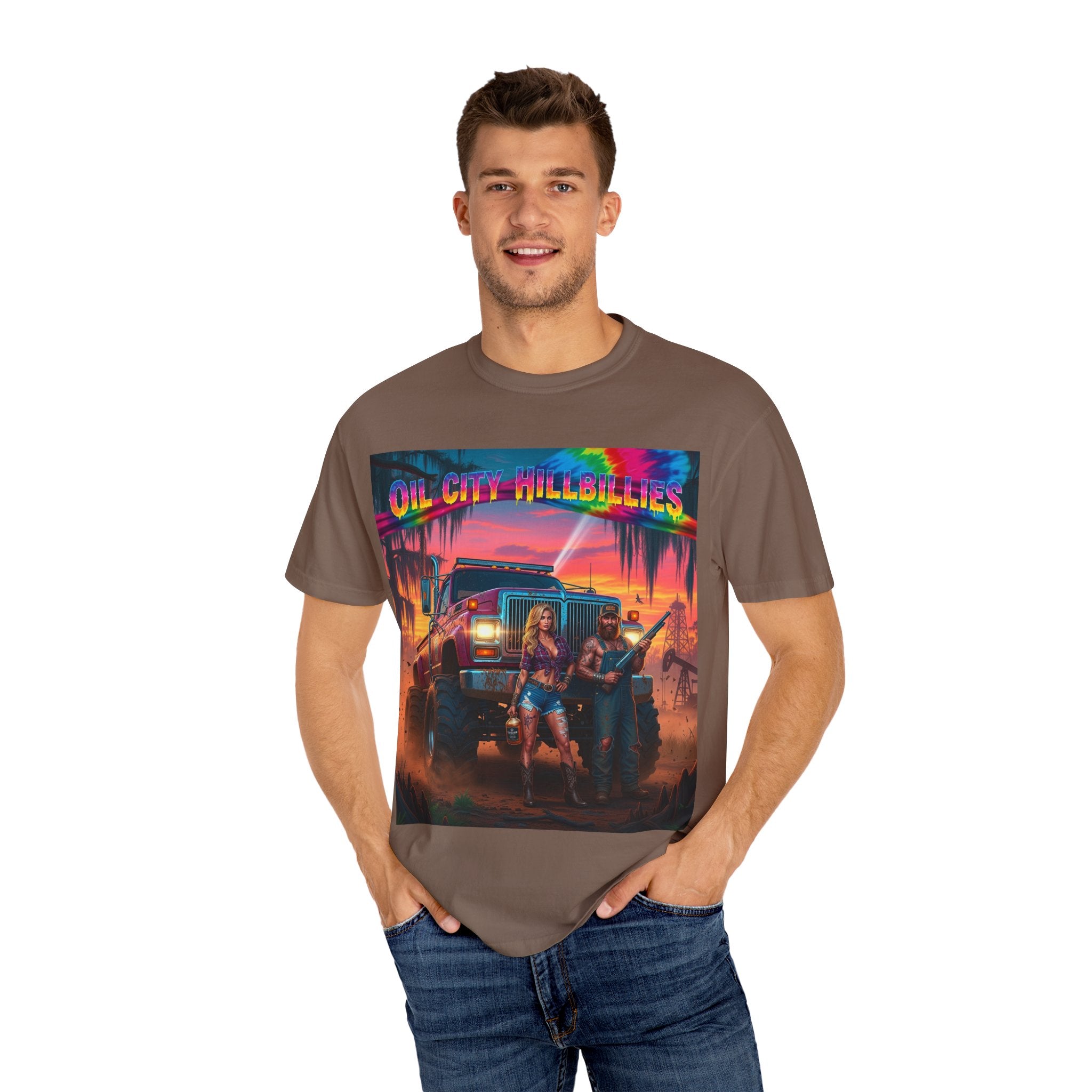 Vibrant Sunset T-Shirt for Oil City Hillbillies – Retro Graphic Tee, Summer Vibe Shirt, Unisex Casual Wear, Southern Festival Outfit