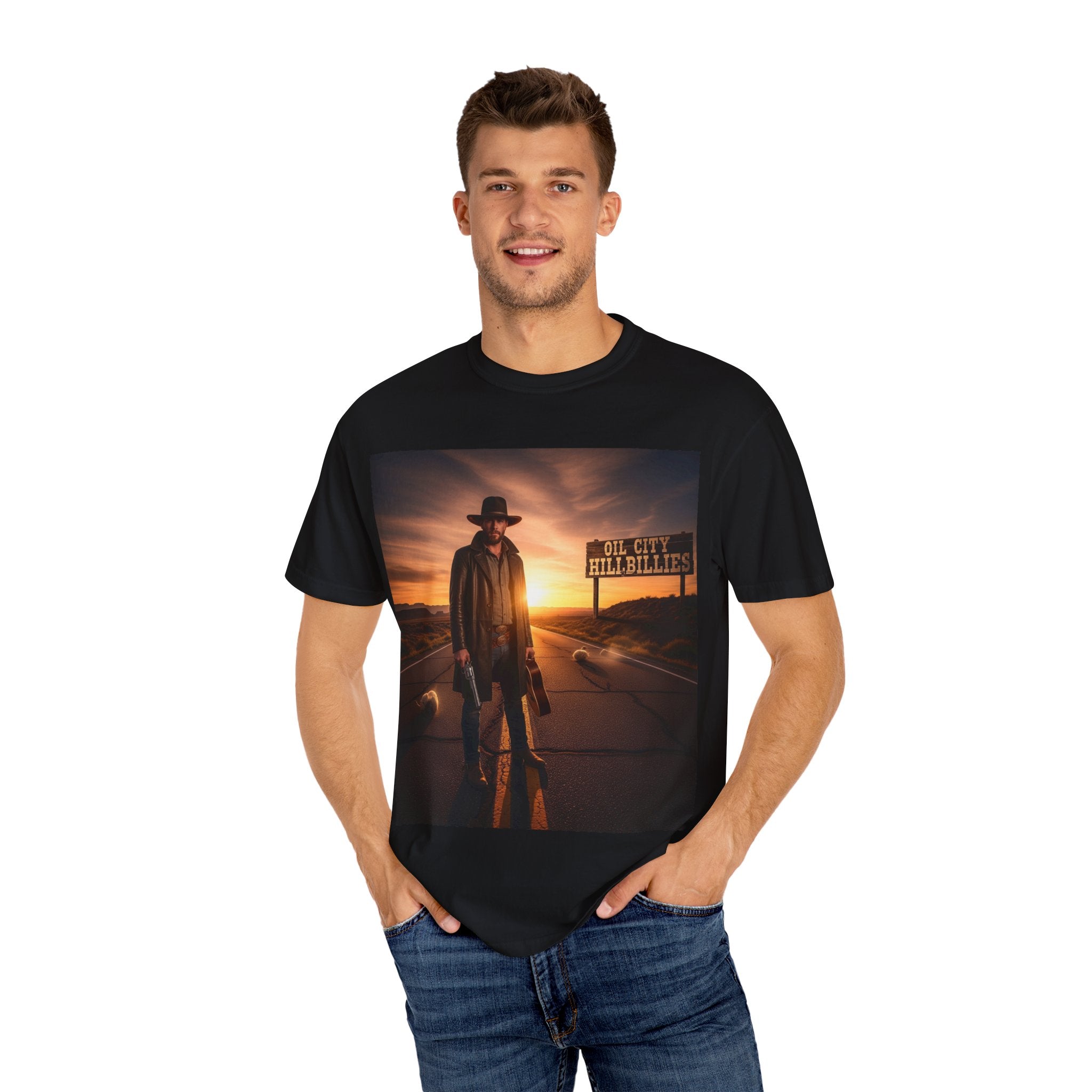 OCH Sunset Cowboy Graphic T-Shirt – Western Style Tee, Gift for Outlaw Country Fans, Casual Wear, Adventure Apparel, Unisex Fashion