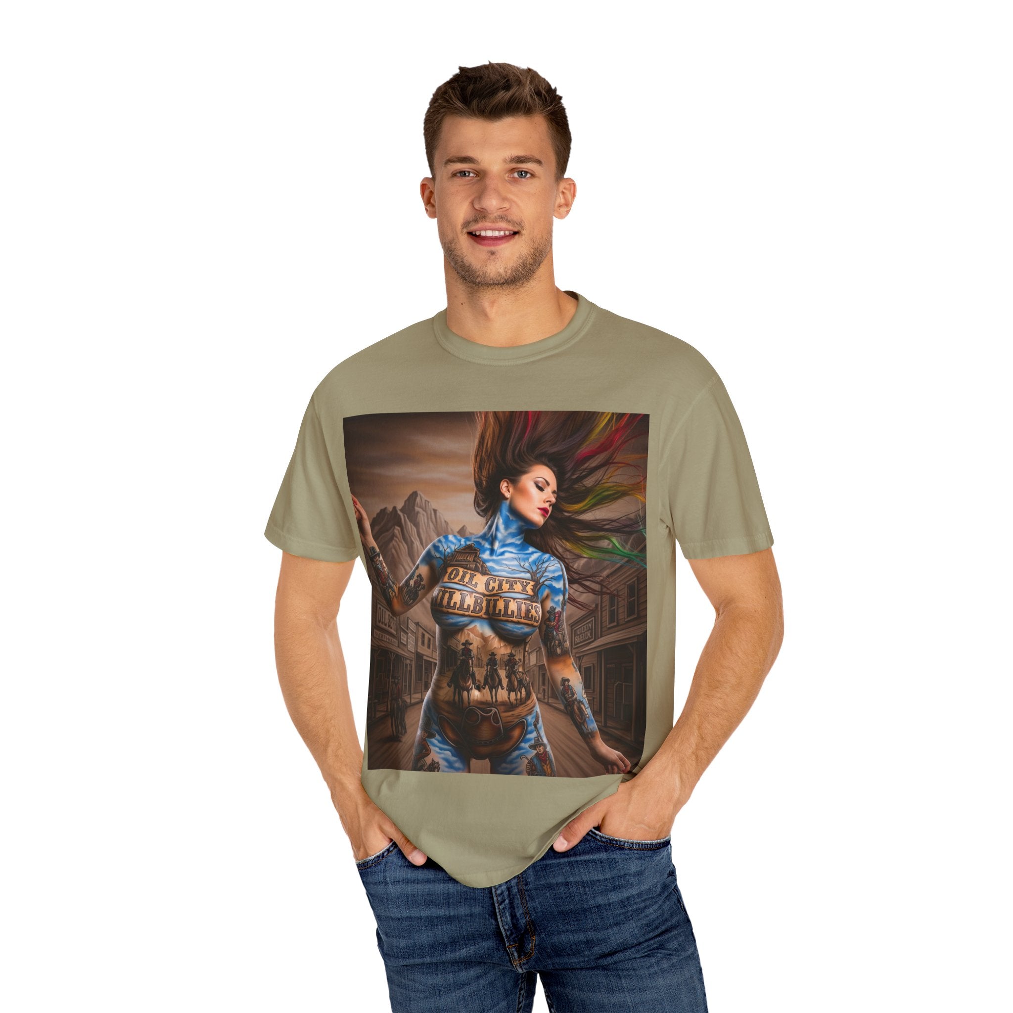 Garment-Dyed Oil City Hillbillies Tee Inspired by Southern Roots and Backwoods Culture, Bohemian T-shirt for Music Festivals, Artistic Outlaw Fashion Statement, Perfect Gift for Fans
