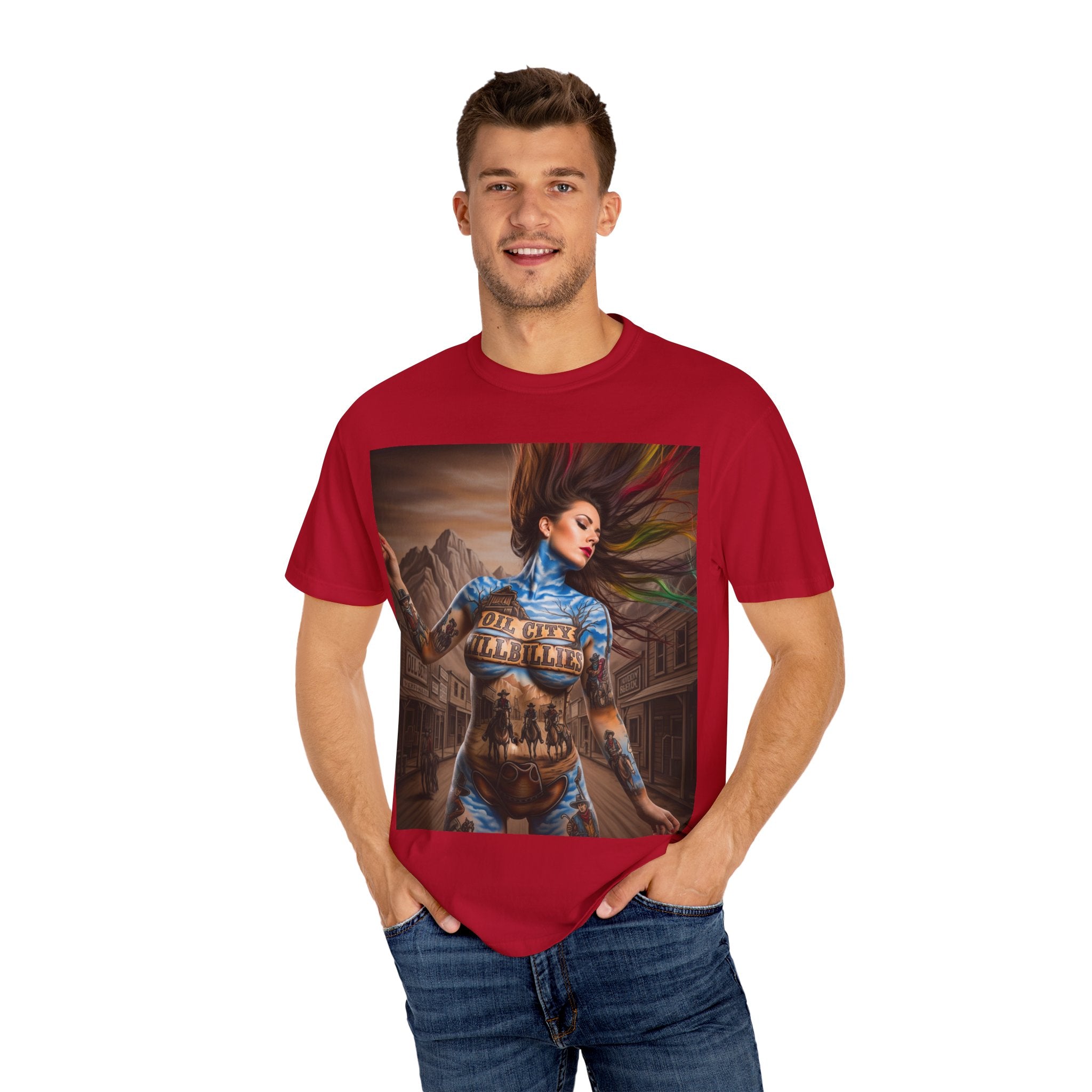 Garment-Dyed Oil City Hillbillies Tee Inspired by Southern Roots and Backwoods Culture, Bohemian T-shirt for Music Festivals, Artistic Outlaw Fashion Statement, Perfect Gift for Fans