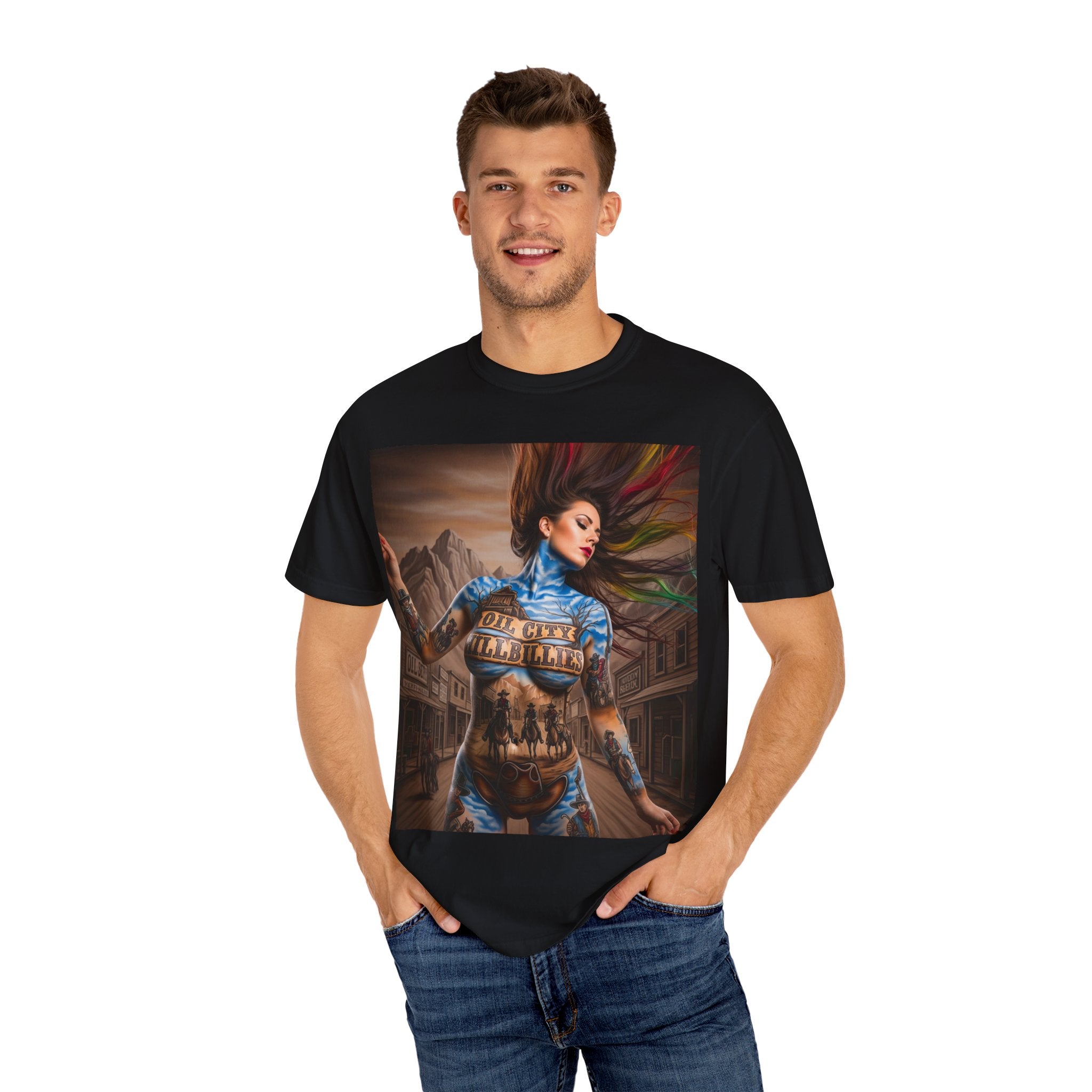 Garment-Dyed Oil City Hillbillies Tee Inspired by Southern Roots and Backwoods Culture, Bohemian T-shirt for Music Festivals, Artistic Outlaw Fashion Statement, Perfect Gift for Fans