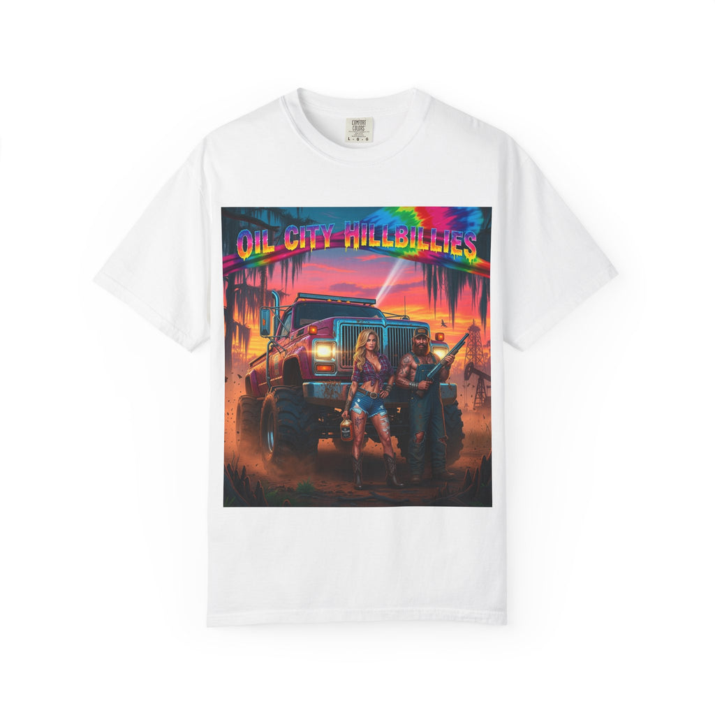Vibrant Sunset T-Shirt for Oil City Hillbillies – Retro Graphic Tee, Summer Vibe Shirt, Unisex Casual Wear, Southern Festival Outfit