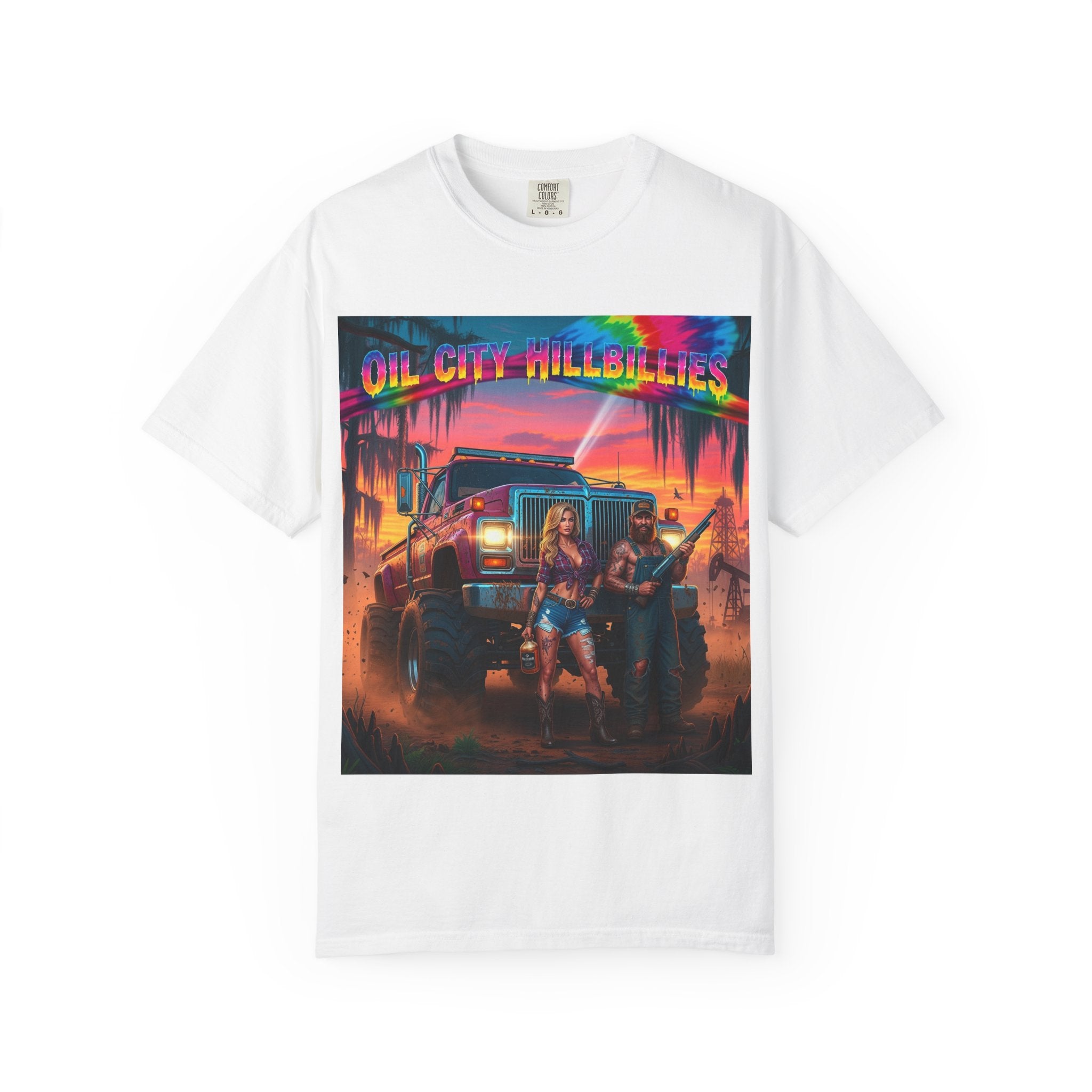 Vibrant Sunset T-Shirt for Oil City Hillbillies – Retro Graphic Tee, Summer Vibe Shirt, Unisex Casual Wear, Southern Festival Outfit