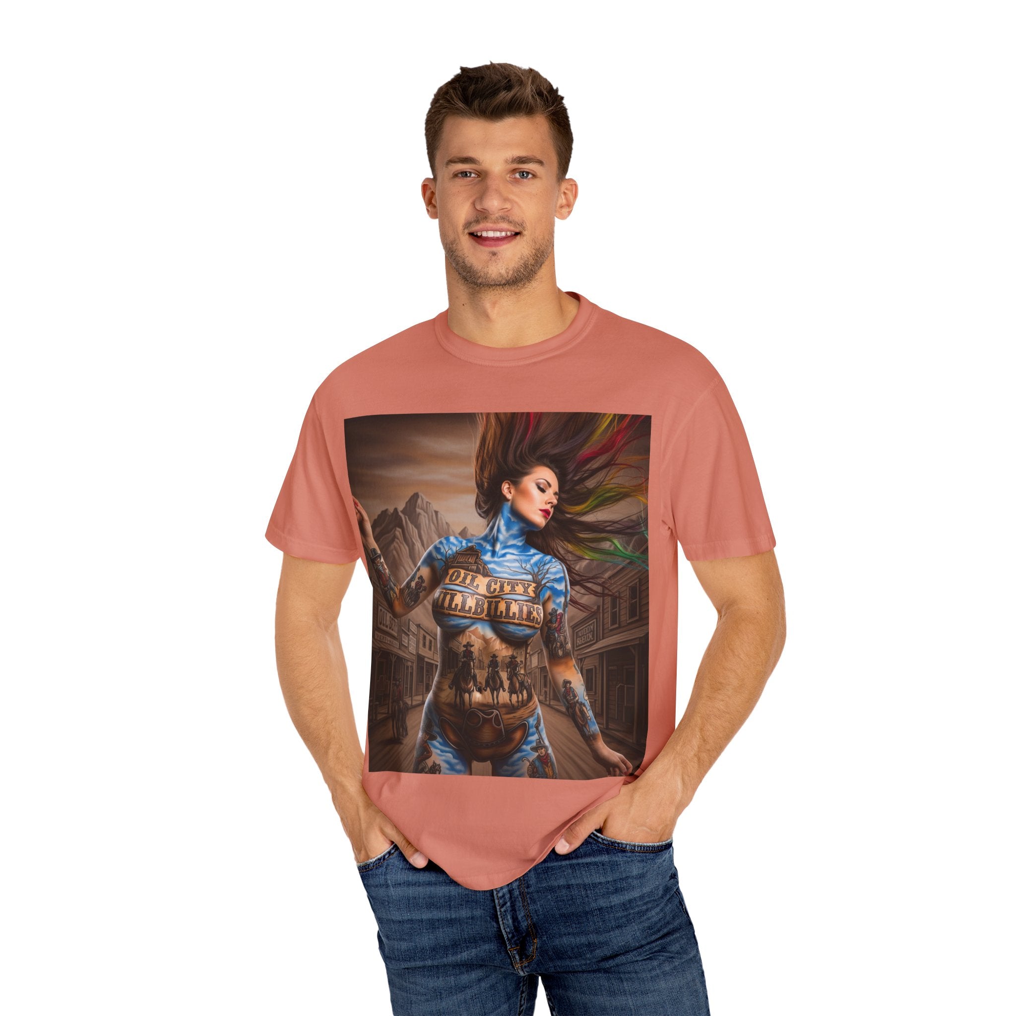 Garment-Dyed Oil City Hillbillies Tee Inspired by Southern Roots and Backwoods Culture, Bohemian T-shirt for Music Festivals, Artistic Outlaw Fashion Statement, Perfect Gift for Fans