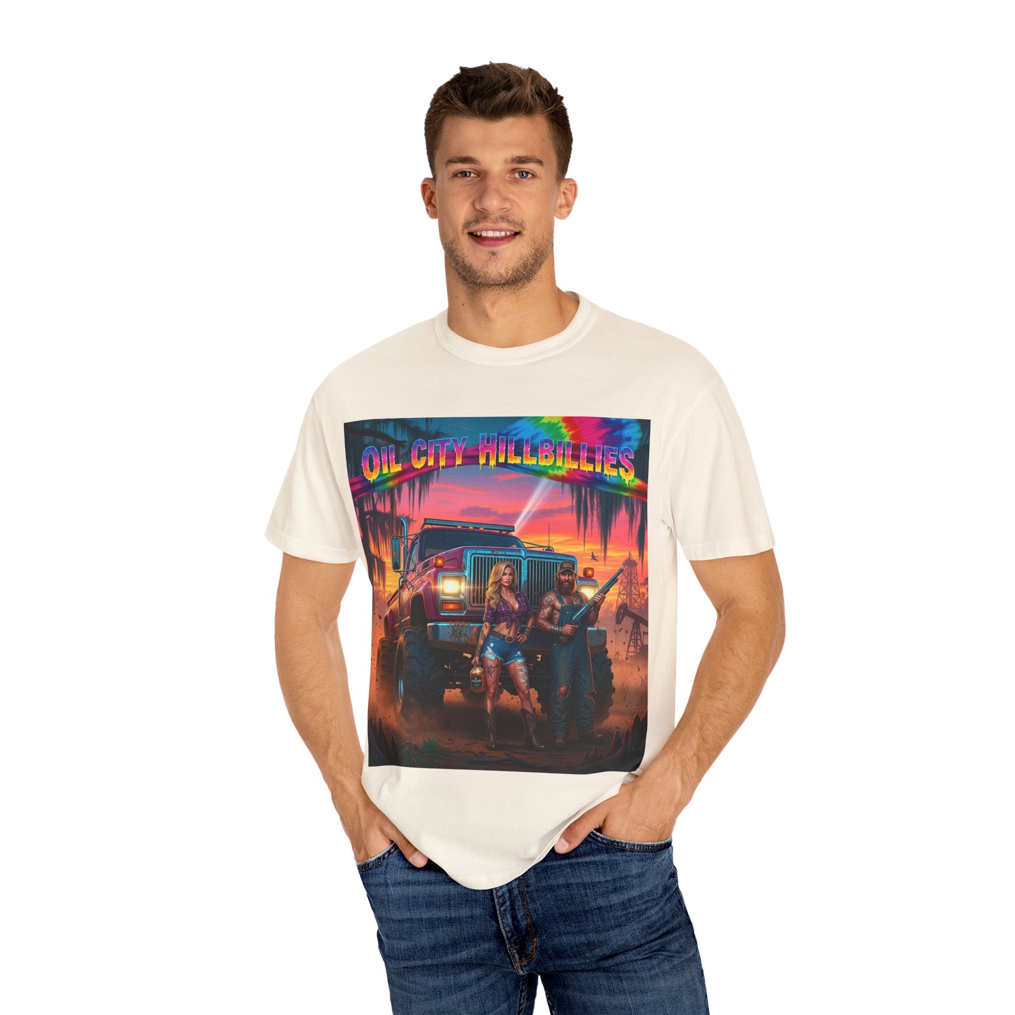 Vibrant Sunset T-Shirt for Oil City Hillbillies – Retro Graphic Tee, Summer Vibe Shirt, Unisex Casual Wear, Southern Festival Outfit