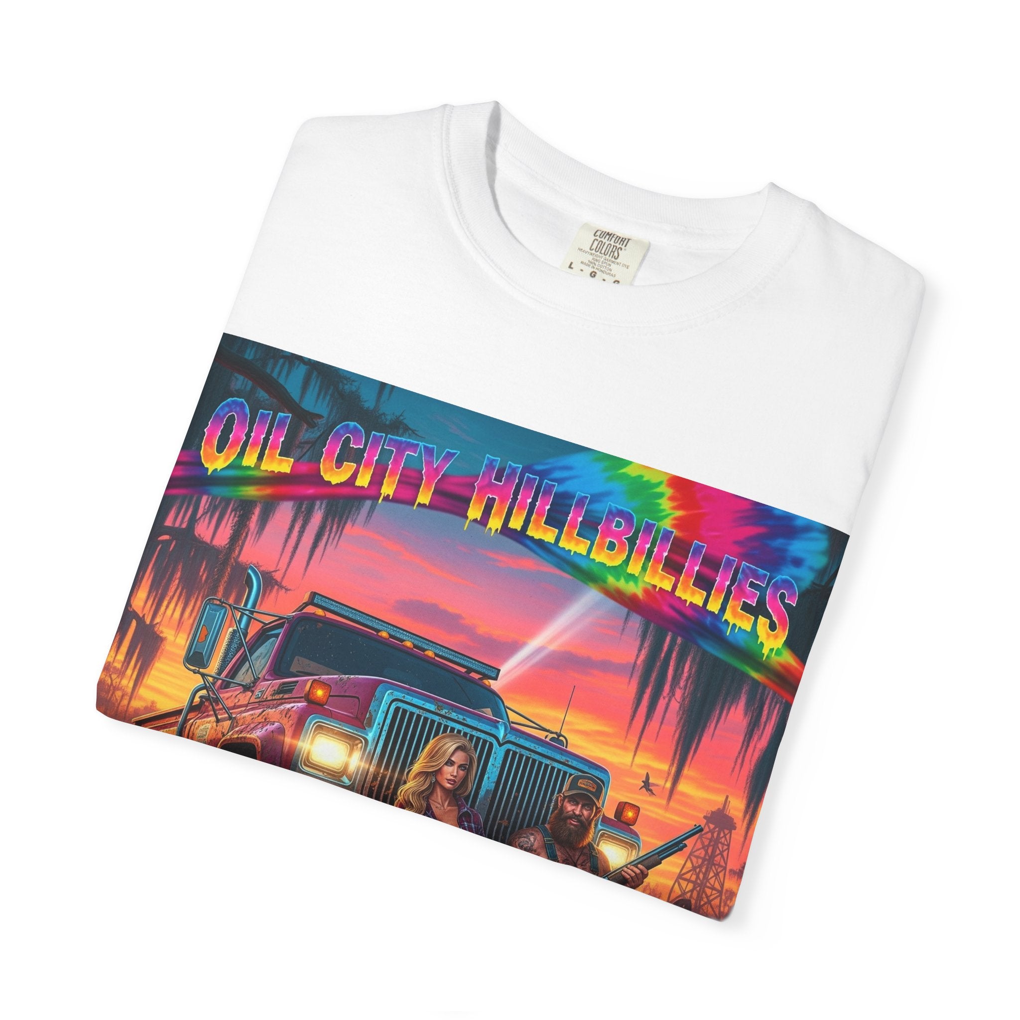 Vibrant Sunset T-Shirt for Oil City Hillbillies – Retro Graphic Tee, Summer Vibe Shirt, Unisex Casual Wear, Southern Festival Outfit