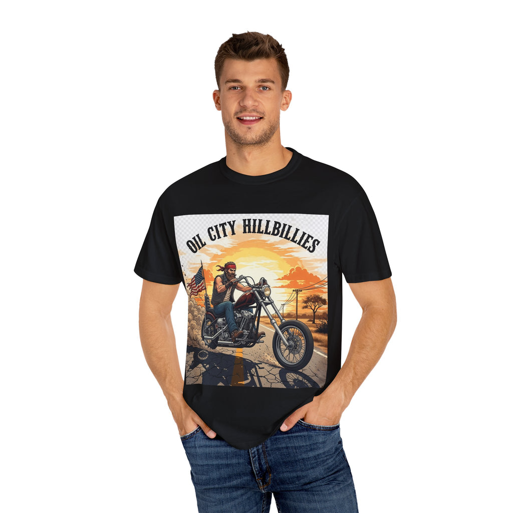 Oil City Hillbillies Motorcycle T-Shirt, Unisex Garment-Dyed Tee for Bikers, Vintage Style Gift, Casual Wear, Adventure Shirt