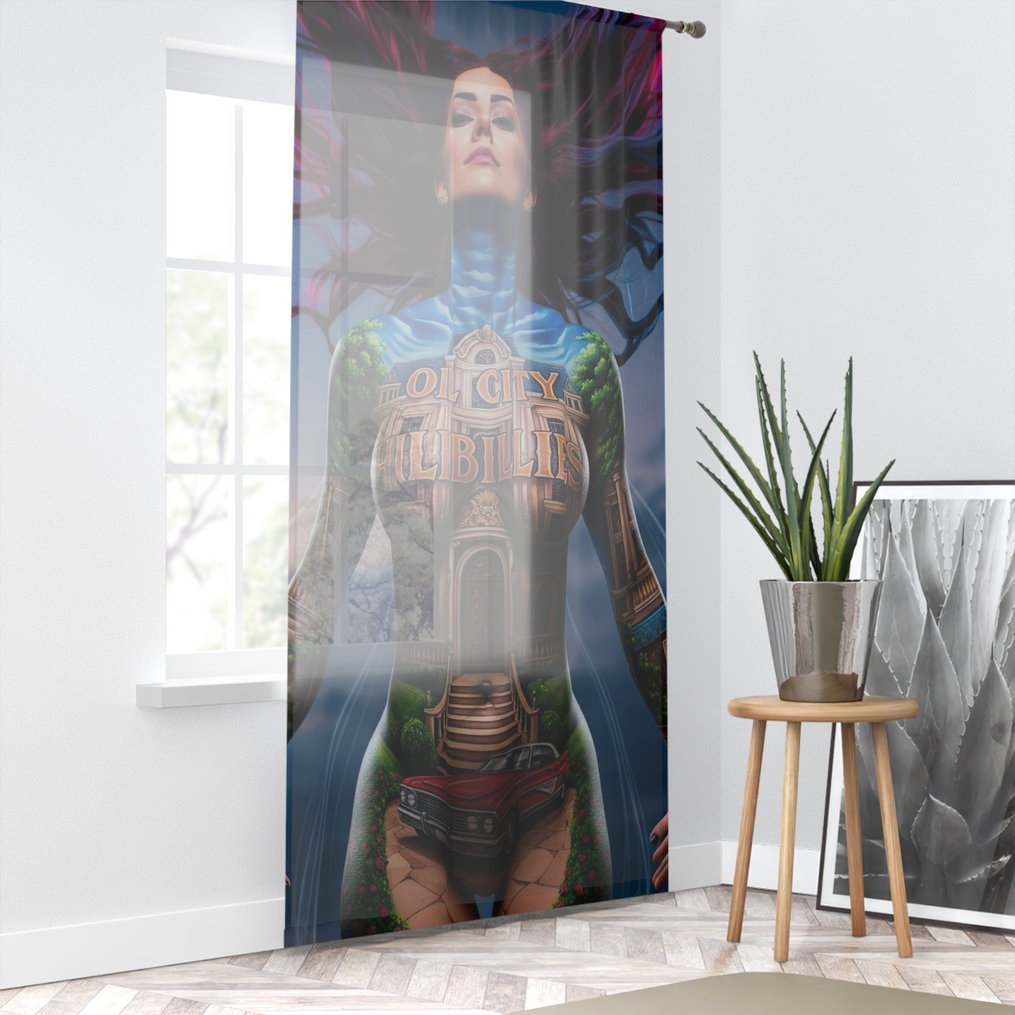 Oil City Hillbillies Sheer Window Curtain, Bohemian Decor, Unique Home Accessories, Vibrant Wall Art, Gift for Art Lovers