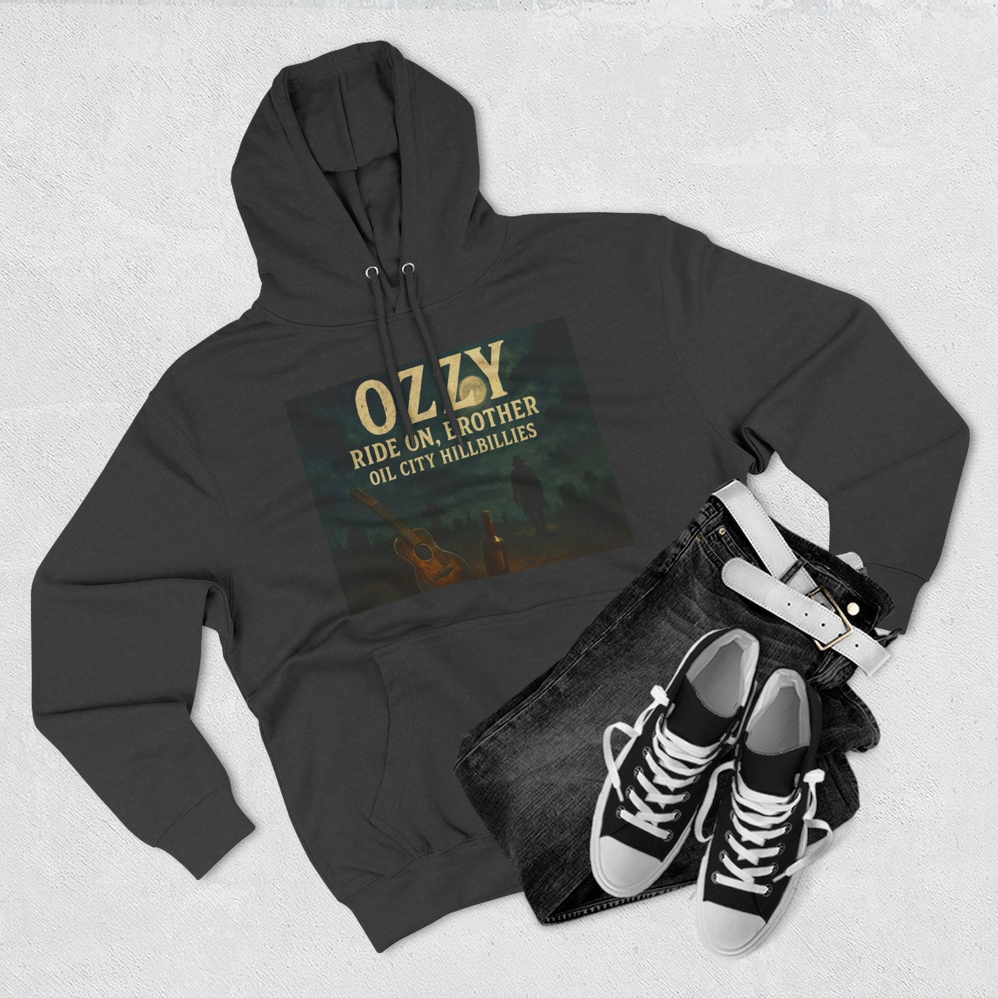 Ozzy-Inspired Oil City Hillbillies Three-Panel Fleece Hoodie, Cozy Layer for Music Lovers, Perfect Gift for Concert Goers, Ideal for Casual Outings, Great for Rock & Country Fans