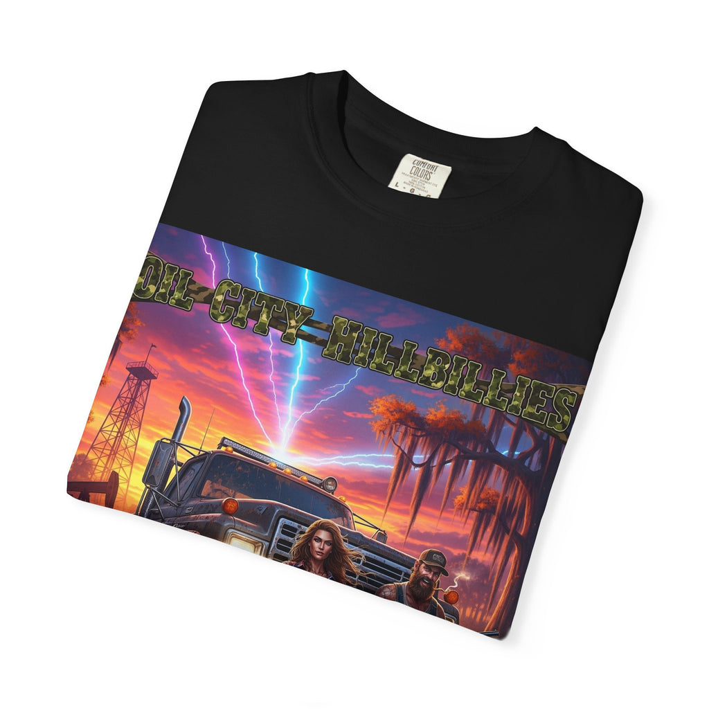 Oil City Hillbillies Adventurous Graphic T-Shirt – Fun Gift for Outdoor Lovers, Summer Vibes, Unisex Casual Wear, Adventure Shirt, Retro Band Tee