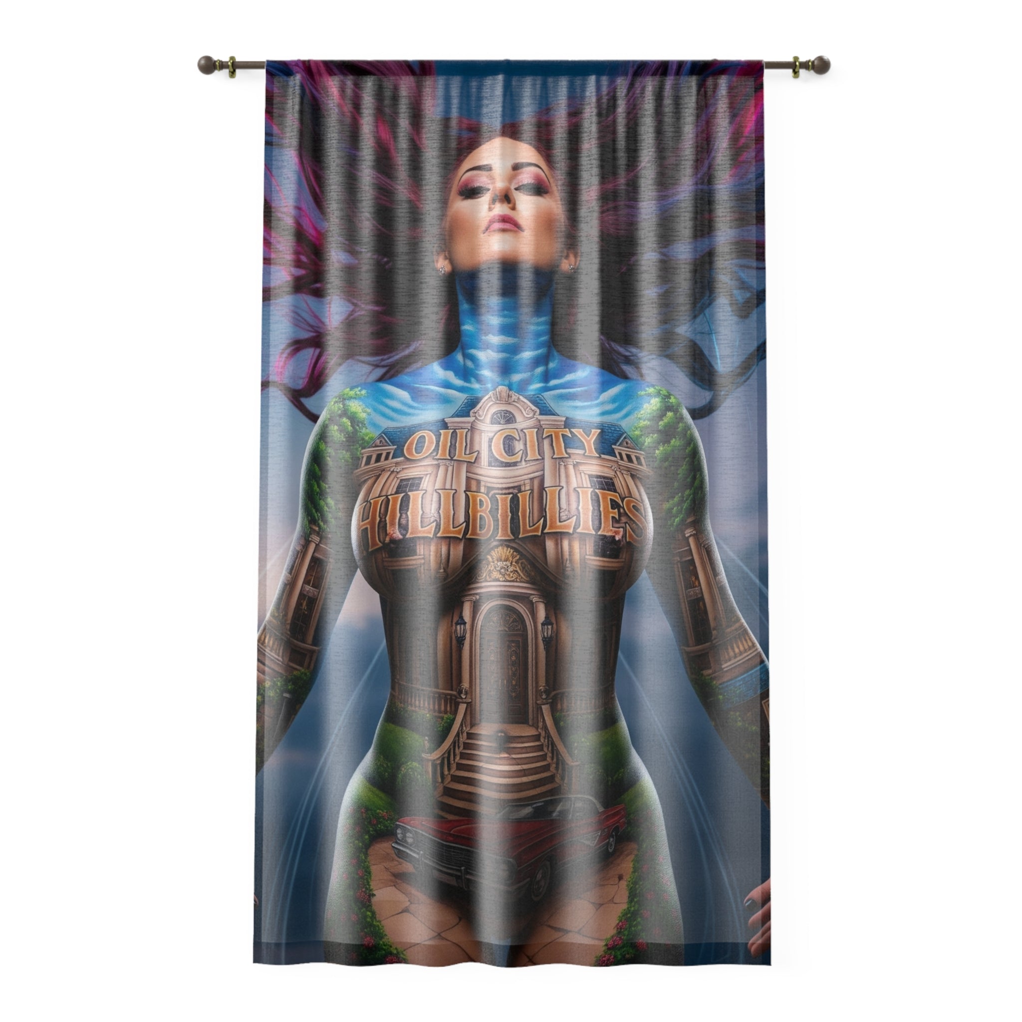 Oil City Hillbillies Sheer Window Curtain, Bohemian Decor, Unique Home Accessories, Vibrant Wall Art, Gift for Art Lovers