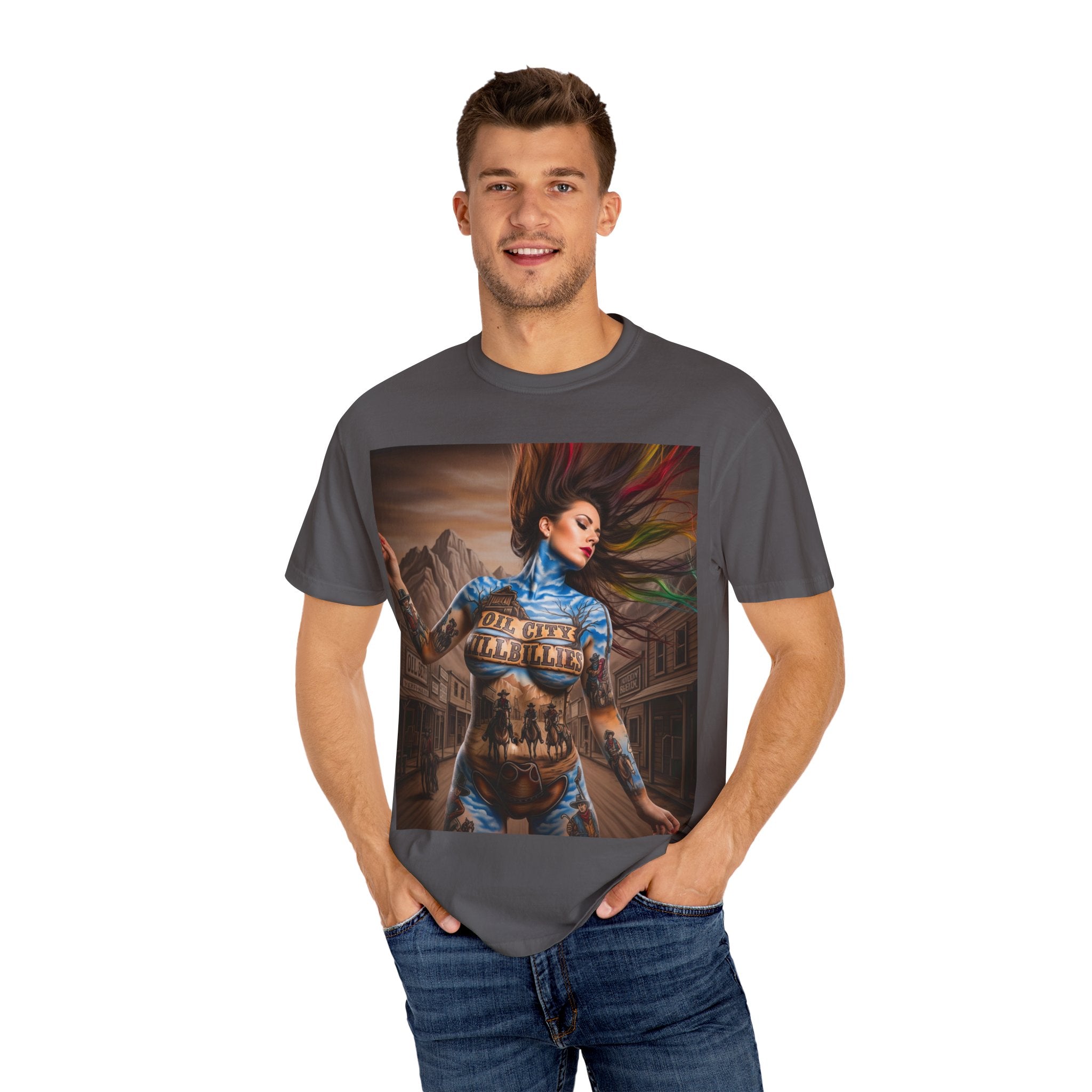 Garment-Dyed Oil City Hillbillies Tee Inspired by Southern Roots and Backwoods Culture, Bohemian T-shirt for Music Festivals, Artistic Outlaw Fashion Statement, Perfect Gift for Fans