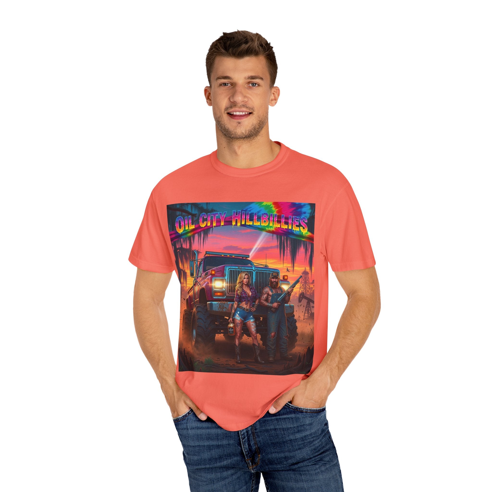 Vibrant Sunset T-Shirt for Oil City Hillbillies – Retro Graphic Tee, Summer Vibe Shirt, Unisex Casual Wear, Southern Festival Outfit