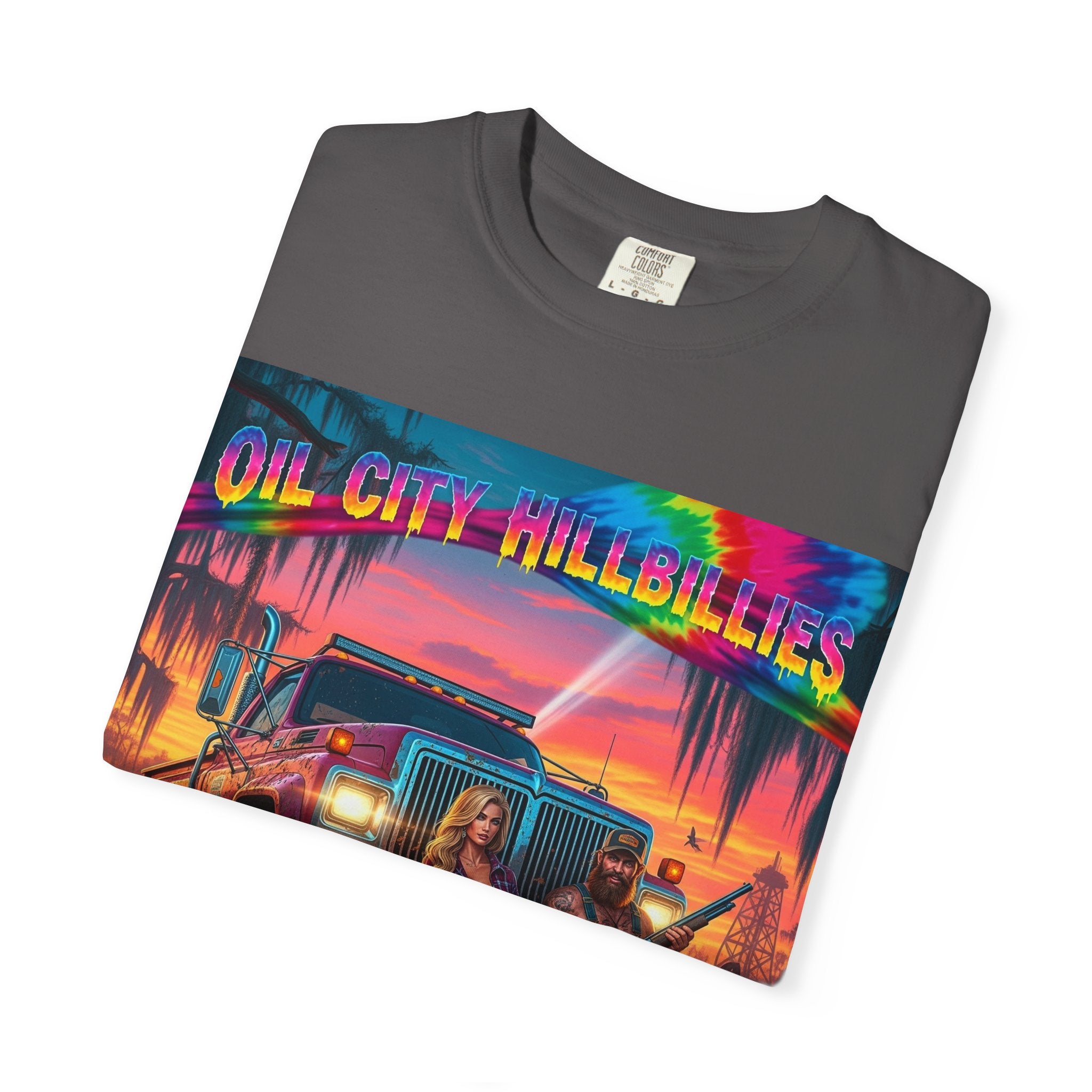 Vibrant Sunset T-Shirt for Oil City Hillbillies – Retro Graphic Tee, Summer Vibe Shirt, Unisex Casual Wear, Southern Festival Outfit