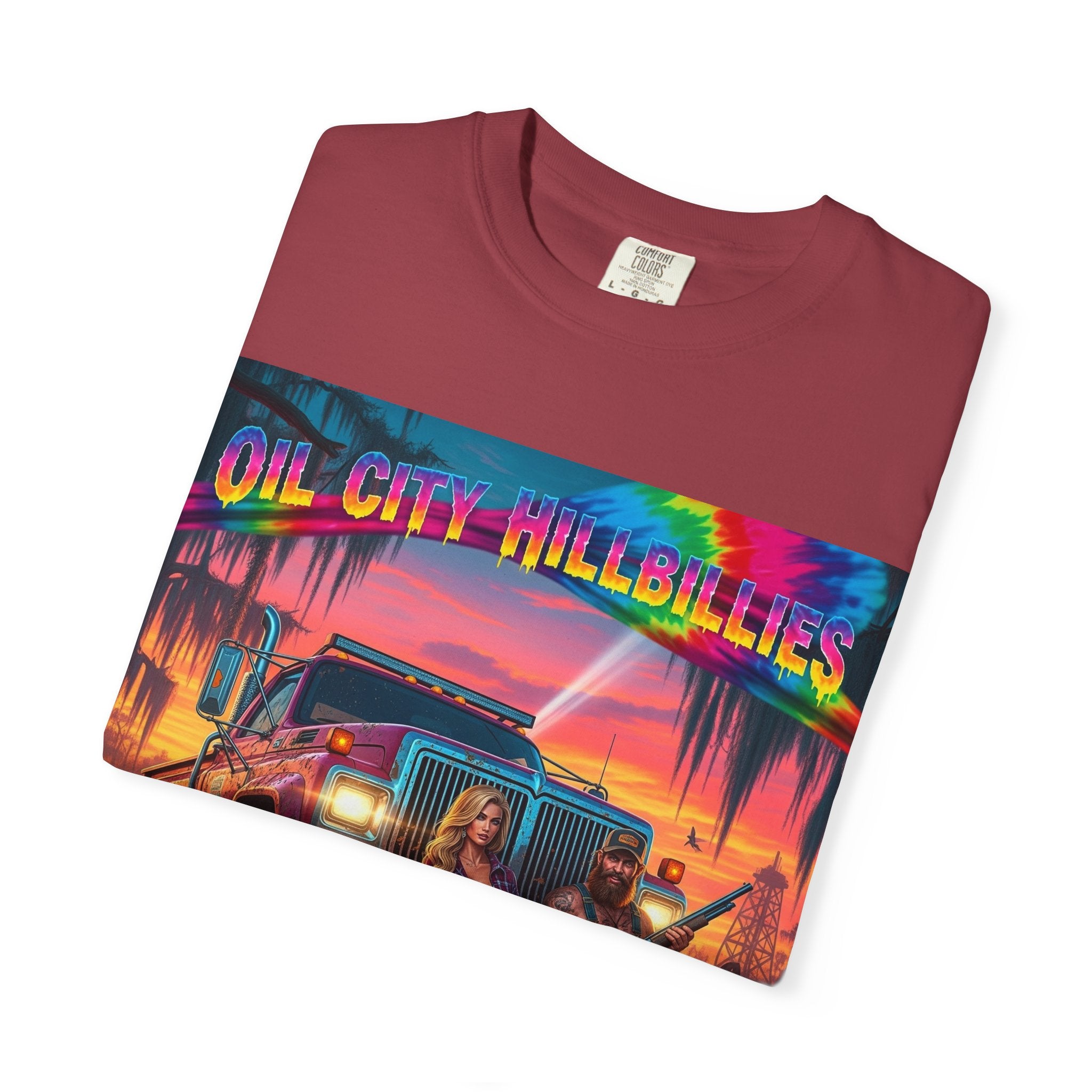 Vibrant Sunset T-Shirt for Oil City Hillbillies – Retro Graphic Tee, Summer Vibe Shirt, Unisex Casual Wear, Southern Festival Outfit