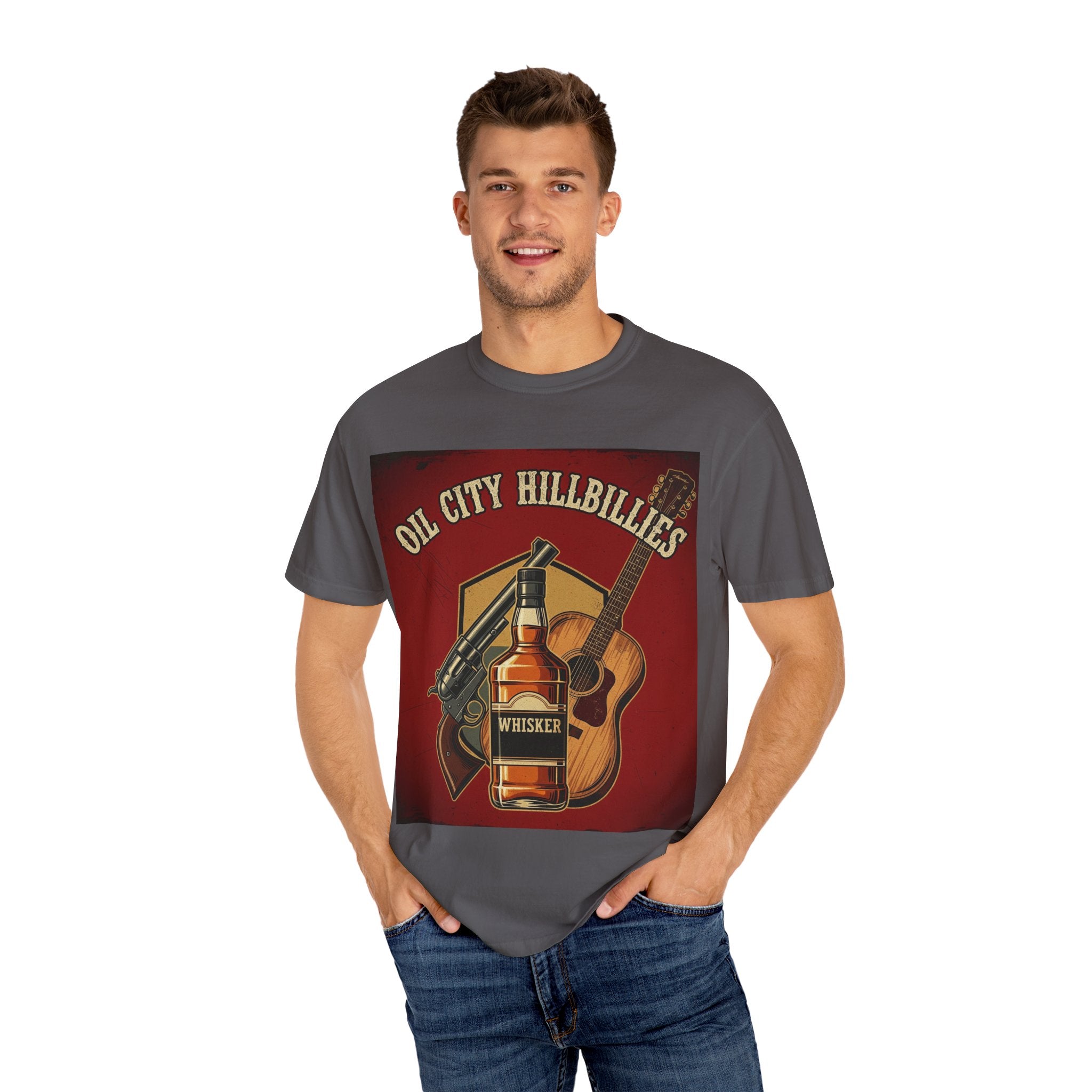 Oil City Hillbillies Whiskey-Themed T-Shirt – Rustic Style Shirt, Gift for Outlaw Country Fans, Casual Wear, Unisex Graphic Band Tee