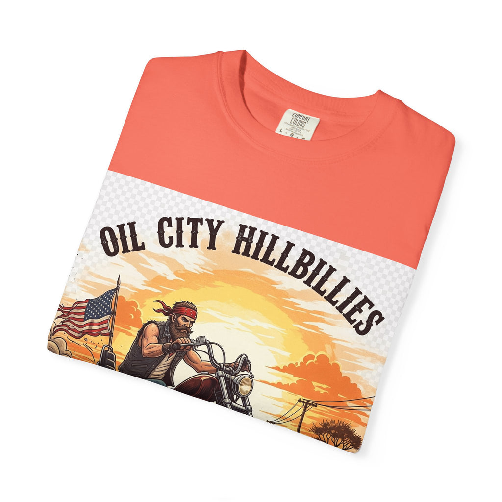 Oil City Hillbillies Motorcycle T-Shirt, Unisex Garment-Dyed Tee for Bikers, Vintage Style Gift, Casual Wear, Adventure Shirt