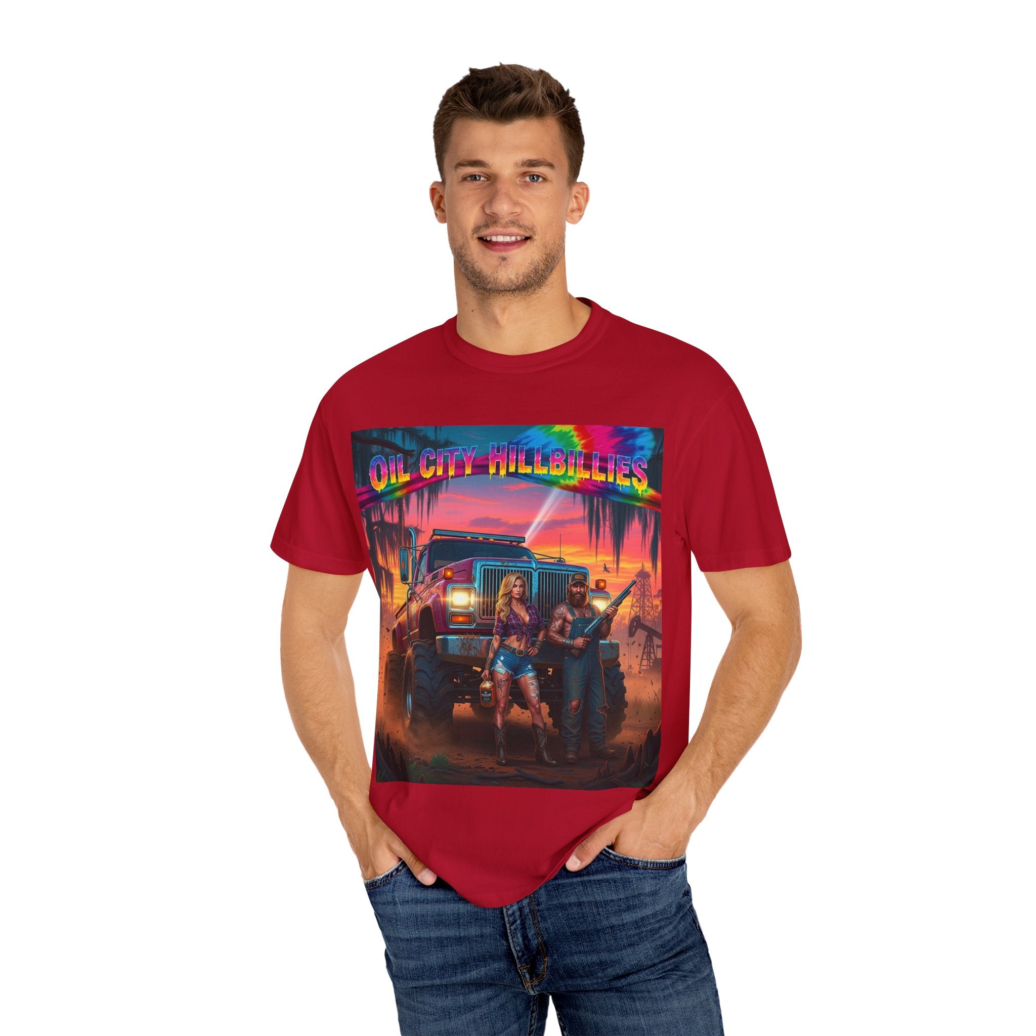 Vibrant Sunset T-Shirt for Oil City Hillbillies – Retro Graphic Tee, Summer Vibe Shirt, Unisex Casual Wear, Southern Festival Outfit