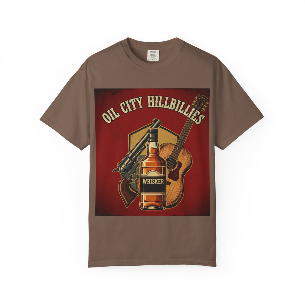 Oil City Hillbillies Whiskey-Themed T-Shirt – Rustic Style Shirt, Gift for Outlaw Country Fans, Casual Wear, Unisex Graphic Band Tee
