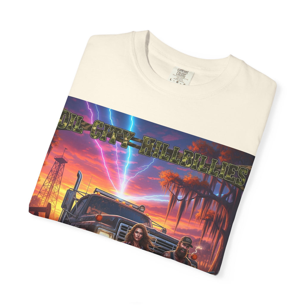 Oil City Hillbillies Adventurous Graphic T-Shirt – Fun Gift for Outdoor Lovers, Summer Vibes, Unisex Casual Wear, Adventure Shirt, Retro Band Tee