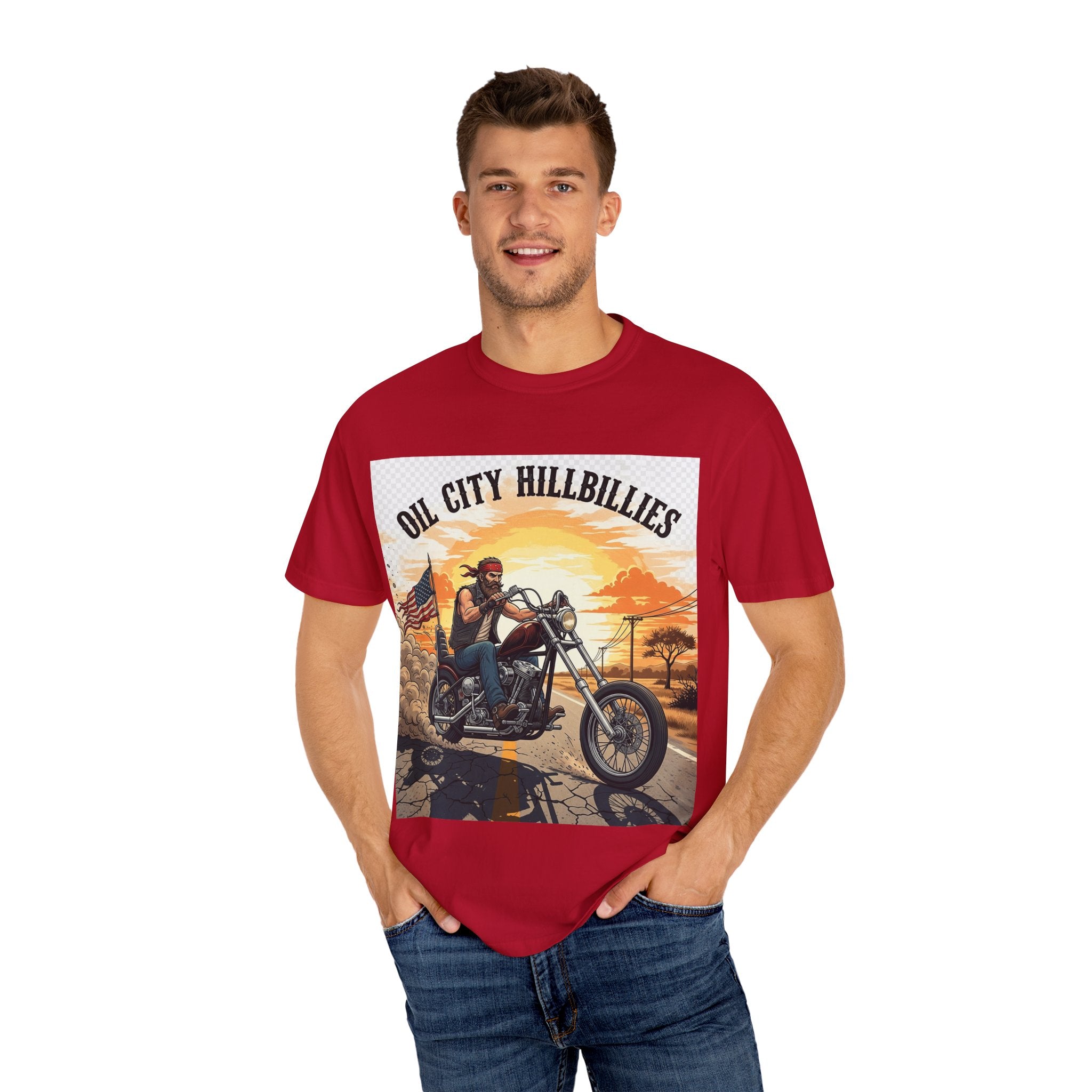 Oil City Hillbillies Motorcycle T-Shirt, Unisex Garment-Dyed Tee for Bikers, Vintage Style Gift, Casual Wear, Adventure Shirt