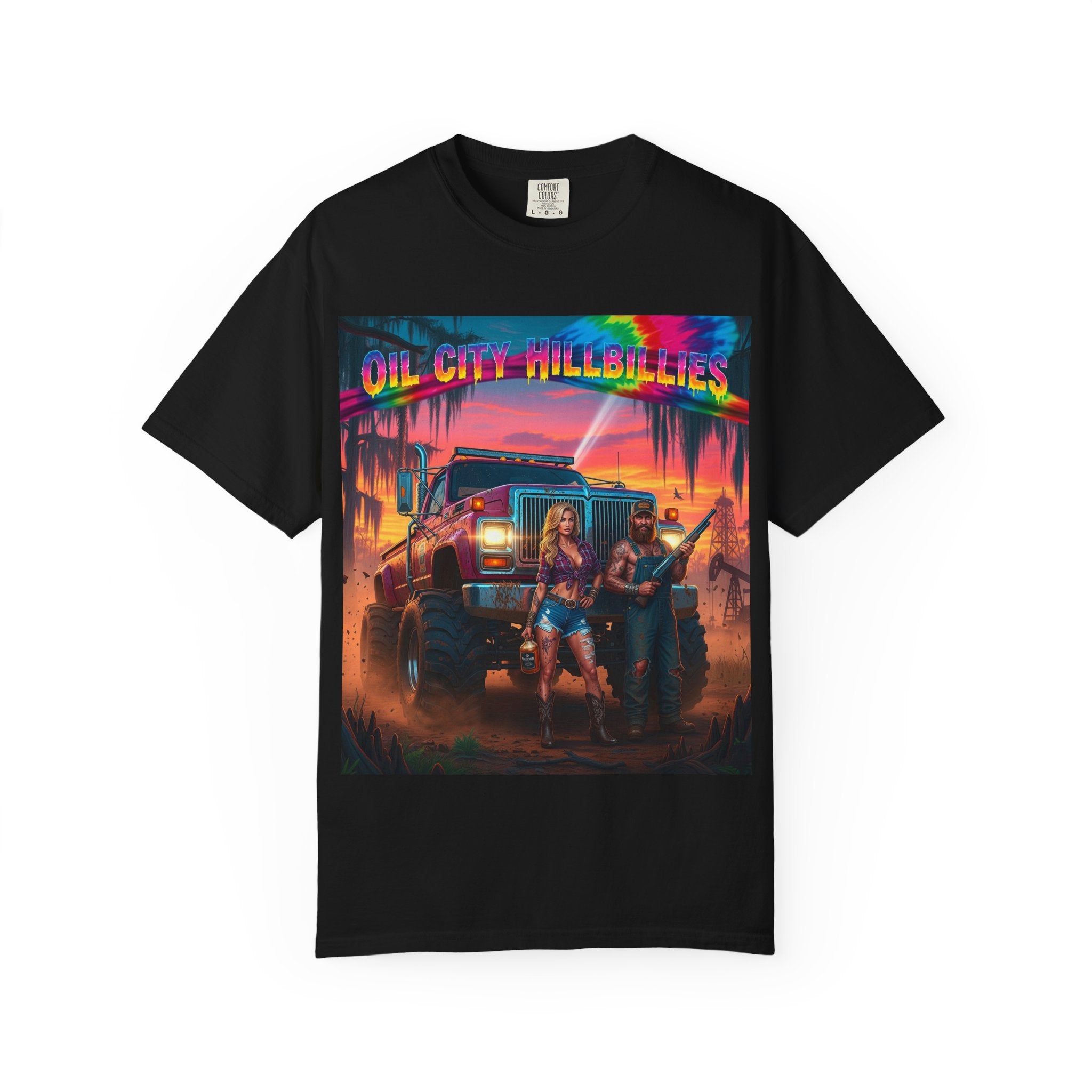 Vibrant Sunset T-Shirt for Oil City Hillbillies – Retro Graphic Tee, Summer Vibe Shirt, Unisex Casual Wear, Southern Festival Outfit