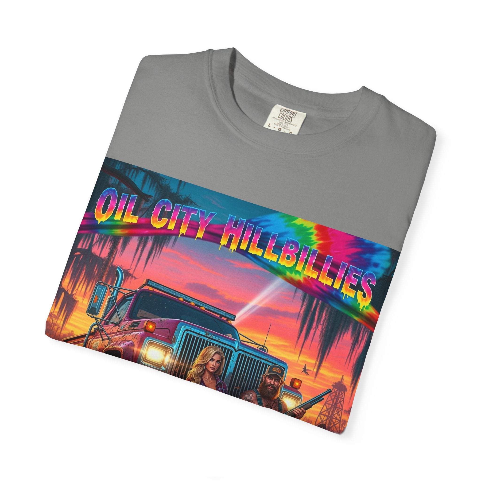 Vibrant Sunset T-Shirt for Oil City Hillbillies – Retro Graphic Tee, Summer Vibe Shirt, Unisex Casual Wear, Southern Festival Outfit
