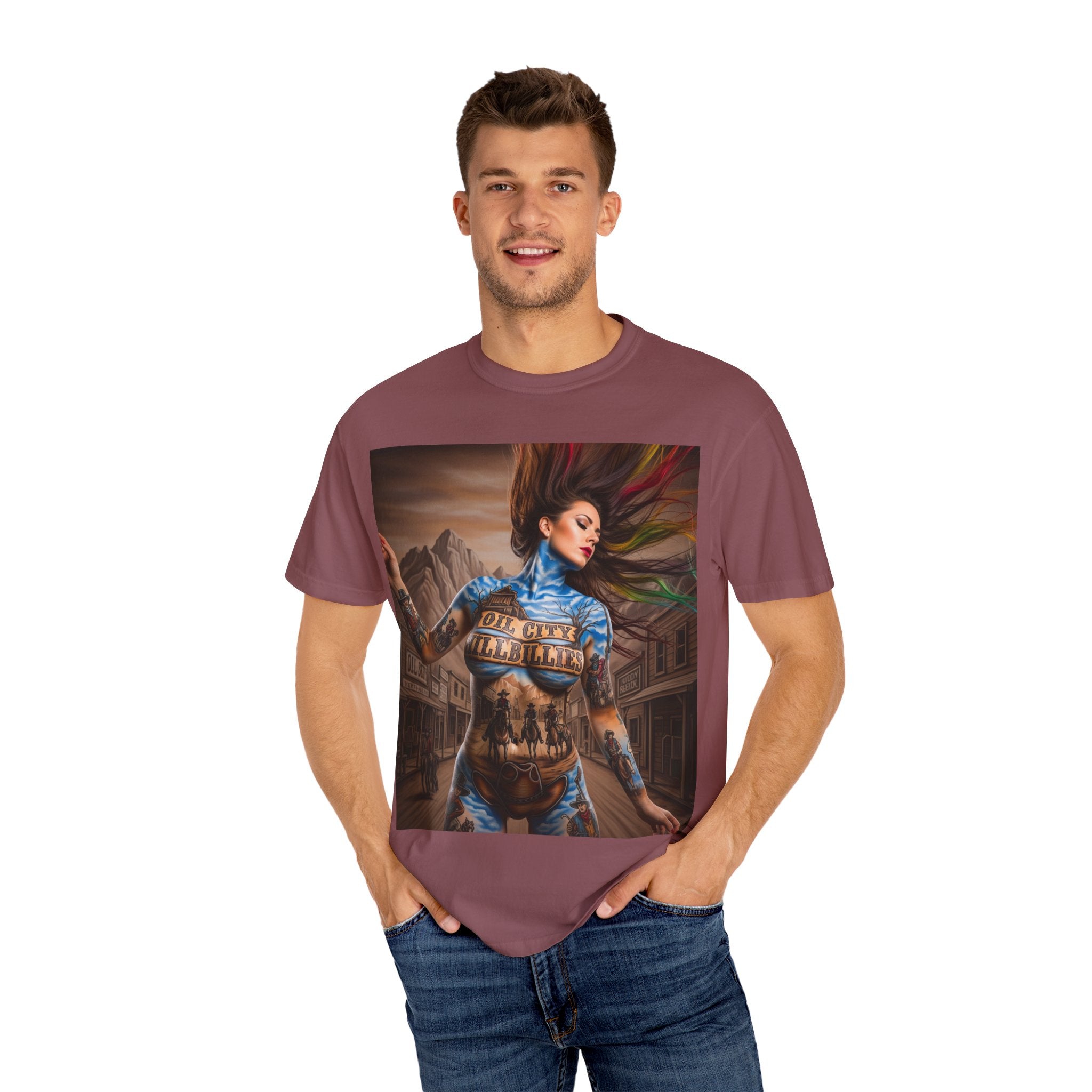 Garment-Dyed Oil City Hillbillies Tee Inspired by Southern Roots and Backwoods Culture, Bohemian T-shirt for Music Festivals, Artistic Outlaw Fashion Statement, Perfect Gift for Fans
