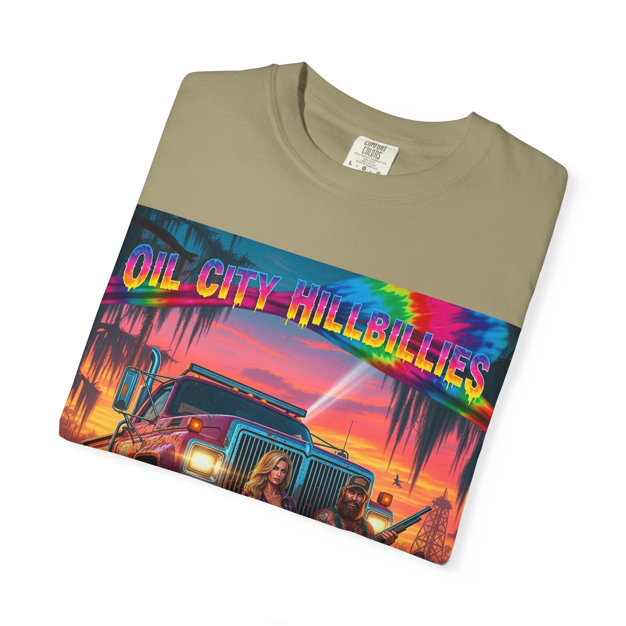 Vibrant Sunset T-Shirt for Oil City Hillbillies – Retro Graphic Tee, Summer Vibe Shirt, Unisex Casual Wear, Southern Festival Outfit