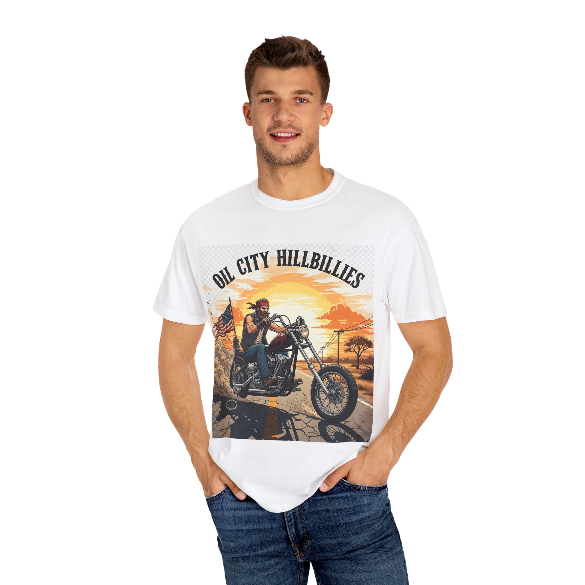 Oil City Hillbillies Motorcycle T-Shirt, Unisex Garment-Dyed Tee for Bikers, Vintage Style Gift, Casual Wear, Adventure Shirt